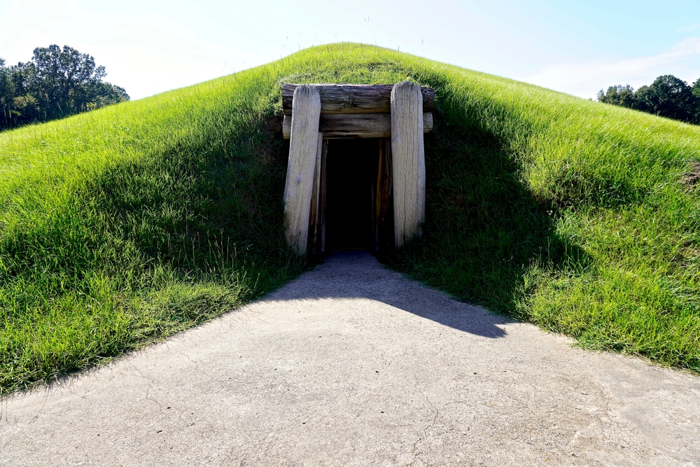Ocmulgee Mounds National Historical Park in Macon, Georgia preserves earthworks built by South Appalachian Mississippian culture. Entrance to circular earth lodge built for meetings and ceremonies.